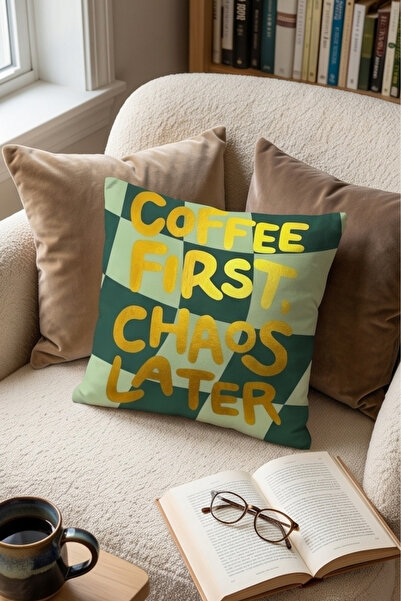 Atay Home Coffee First Chaos Later Written Decorative Throw Pillow Cover 43X43 cm Double Sided Green Checkered
