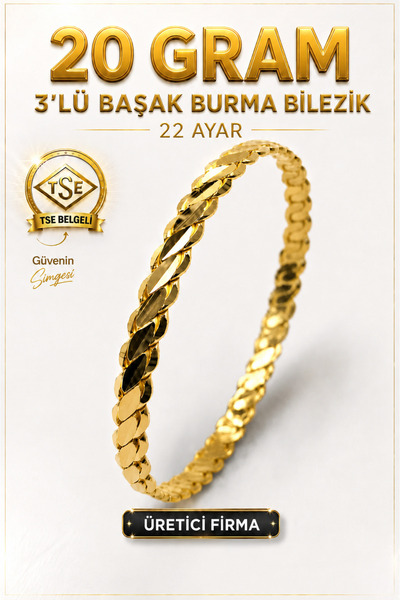 Aks Gold 22 Ayar TSE Belgeli (20 GRAM) 3'lü BAŞAK Burma Bilezik Altın Gold Bi...