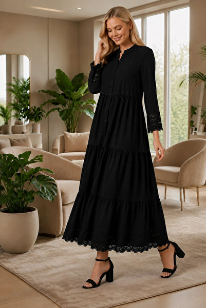 AZRA BUTİK Viscose Loose Dress with Lace Detail on Sleeves and Hem in Black
