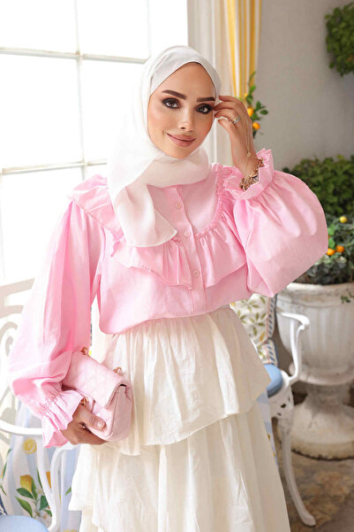 İmajButik Pembe Önü Fırfırlı Kol Lastikli Gömlek