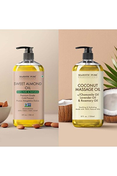 Majestic Pure Pack of 2 Organic Almond Body Oil 236 ML Large and Coconut Massage Oil - 236 ml Suitable for All Skin Types - Men & Women