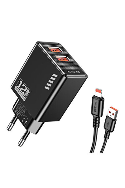 KAKUSİGA φορτιστής τοίχου KSC-1238 με καλώδιο Lightning, 2x USB, 12W, μαύρος