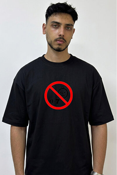 Anetos Baby Yasak 0 7 Design Printed Oversize Black T-Shirt