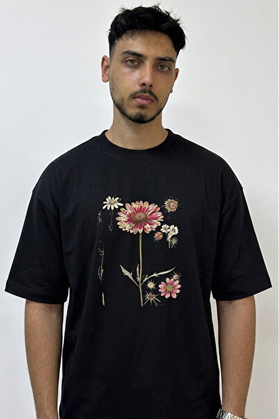 Anetos Botanical Art_1 Design Printed Oversize Black T-Shirt