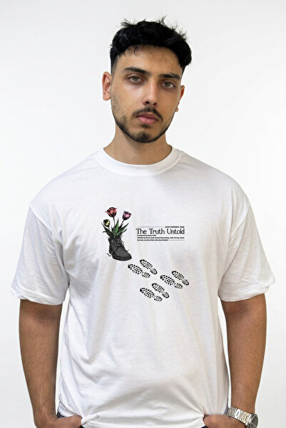 Anetos The Truth Untold Design Printed Oversize White T-Shirt