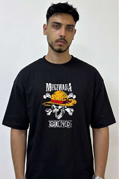 Anetos One Piece Mugiwara Design Printed Oversize Black T-Shirt