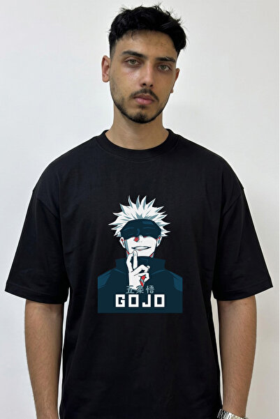 Anetos Tricou negru supradimensionat cu imprimeu Gojo Satoru_11 Design