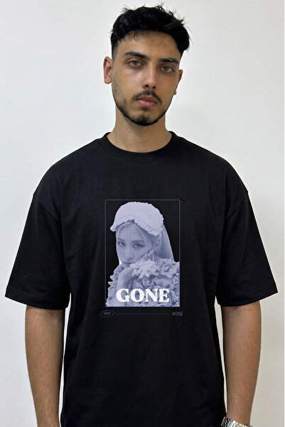Anetos Rose Gone Design Printed Oversize Black T-Shirt
