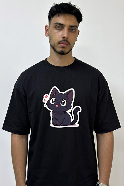 Anetos Anime Cat Design Printed Oversize Black T-Shirt