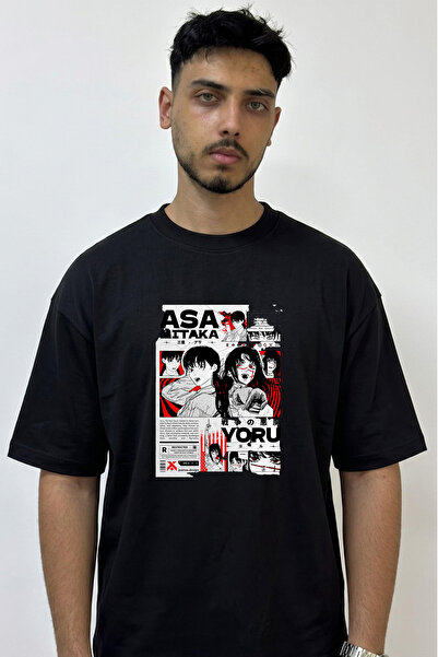 Anetos Asa Mitaka Yoru_1 Design Printed Oversize Black T-Shirt