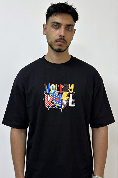 Anetos Volleyball Design Printed Oversize Black T-Shirt