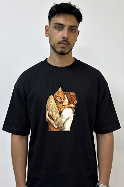 Anetos Angel Cat Woman Design Printed Oversize Black T-Shirt