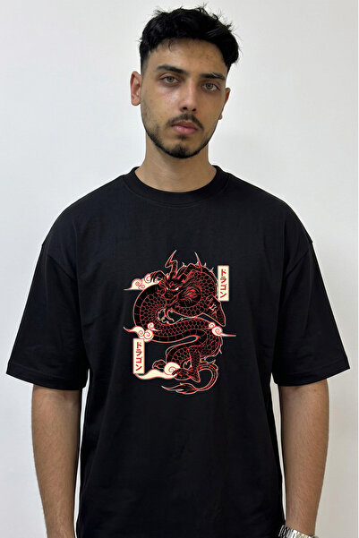 Anetos Dragon Design Printed Oversize Black T-Shirt