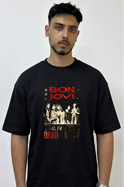 Anetos Bon Jovi Design Printed Oversize Black T-Shirt
