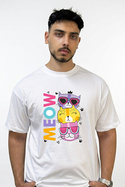 Anetos تي شيرت أبيض كبير الحجم مطبوع بتصميم Cat Meow