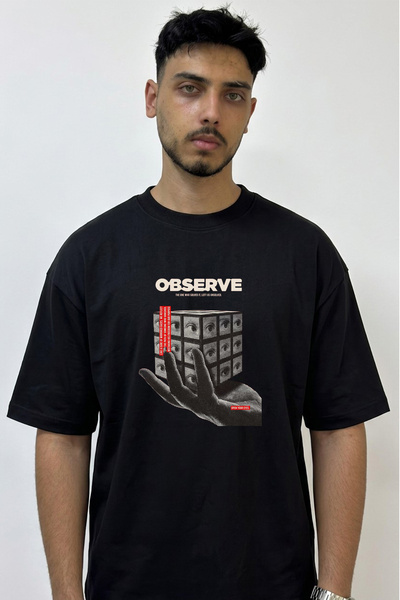 Anetos Eyes Butterfly Design Printed Oversize Black T-Shirt