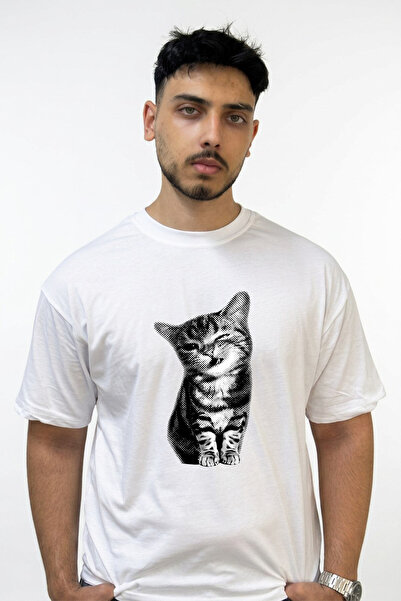Anetos Spotted Cat Design Printed Oversize White T-Shirt