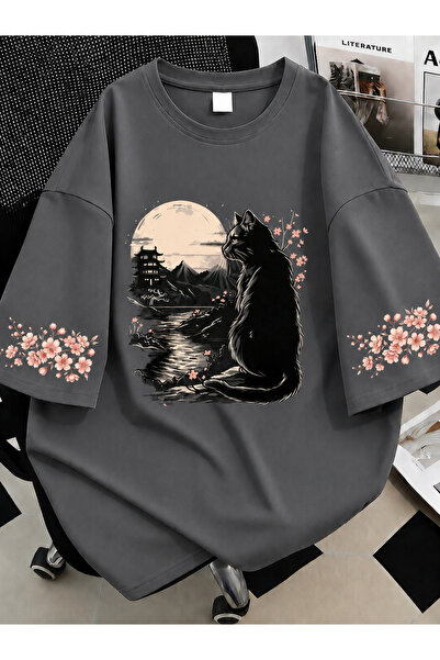 Revasser Kadın Black Cat Renkli Özel Baskılı Oversize Sıfır Yaka Penye T-Shirt