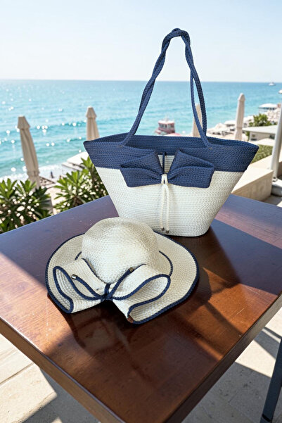KAAN HOME Handmade Beach Pool Bag and Hat Set with Bow and Ribbon Multi-Purpo...