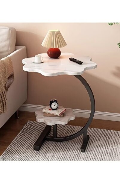 DOMEET C Shaped Couch Side Table 2 Layers Marble Texture End Table Sturdy Met...