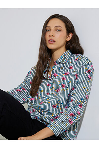 Styli Multi Floral Cotton Striped Oversized Shirt