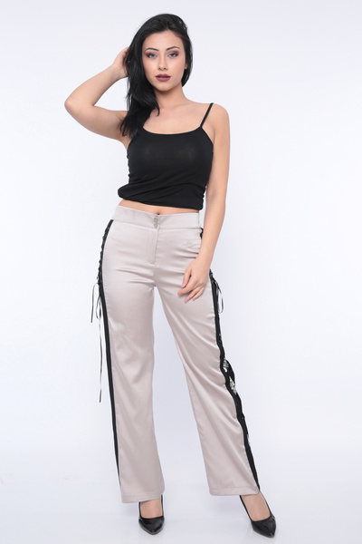 FIRST STYLE Women's Beige Turkish Pants with Black Line