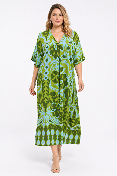 Şans Women's Plus Size Green, Woven Viscose Fabric, V-Neck, Shawl Pattern Dre...
