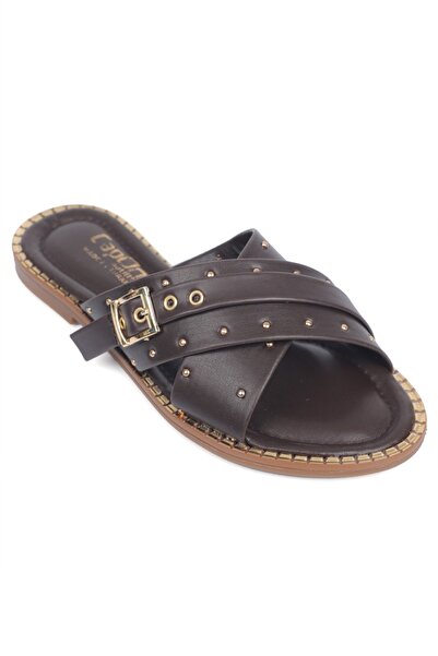Capone Outfitters Metal Look Buckle Short Heeled Cross-Strapped Women's Slippers