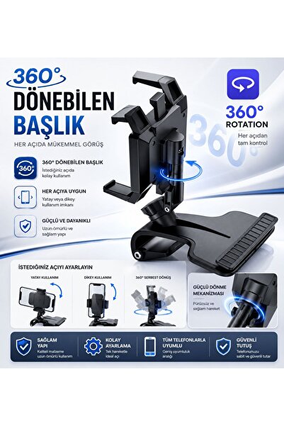 kawigo 360° Dönebilen Araç İçi Telefon Tutucu Ayarlanabilir Klipsli Dashboard Telefon Standı Telefon Tutucu
