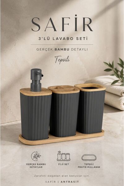 Store HGY Home Safir Gerçek Bambu Detaylı \ Tepsili 3'lü Lavabo Seti - Antrasit