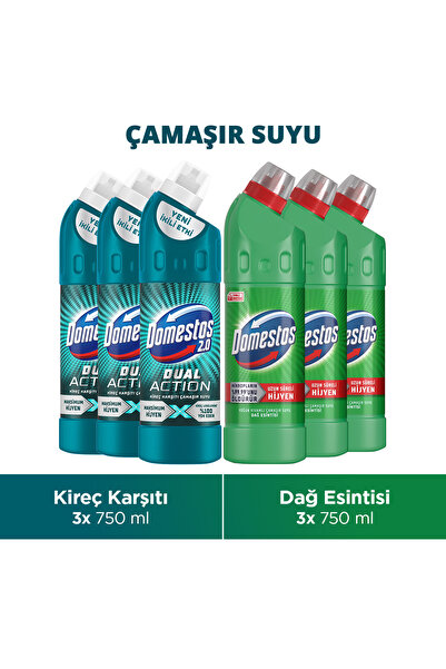 Domestos Dual Action Kireç Karşıtı Çamaşır Suyu 750ml x3 Çamaşır Suyu Dağ Esi...