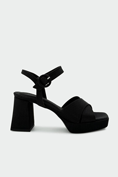 LAMİNTA Tajo Cross-Strapped Women's Platform Black Satin Heeled Shoes