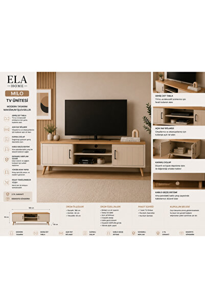 ELA HOME MILO TV Ünitesi 180 cm Modern TV Sehpası MDFLAM Kapaklı