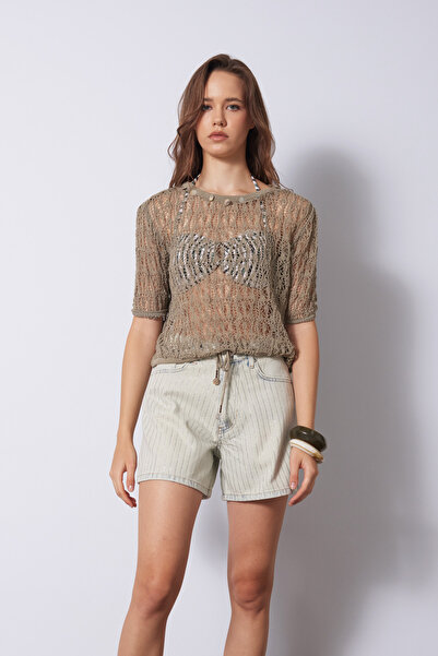 Nisan Tricot Blouse with Openwork Pattern Detail, Khaki