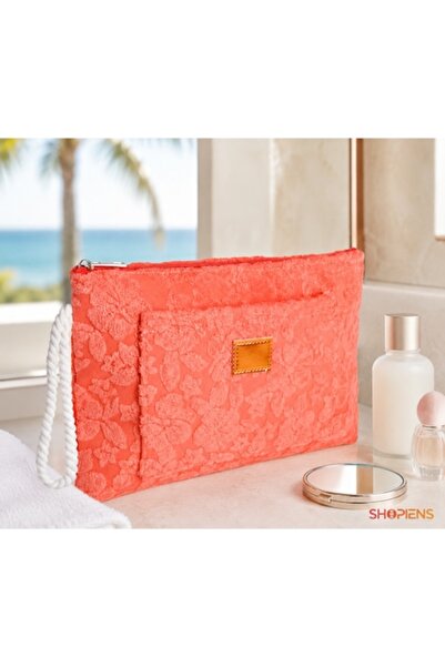SHOPIENS Geantă de toaletă Orange Beach cu textură florală în relief, fermoar...