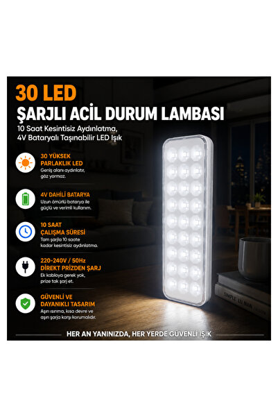 Tek-İş 30 LED Şarjlı Acil Durum Lambası – 10 Saat Kesintisiz Aydınlatma, 4V B...
