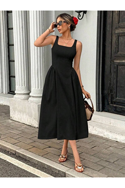 moda wanilia Kadın Kare Yaka Askılı Uzun Krep Elbise