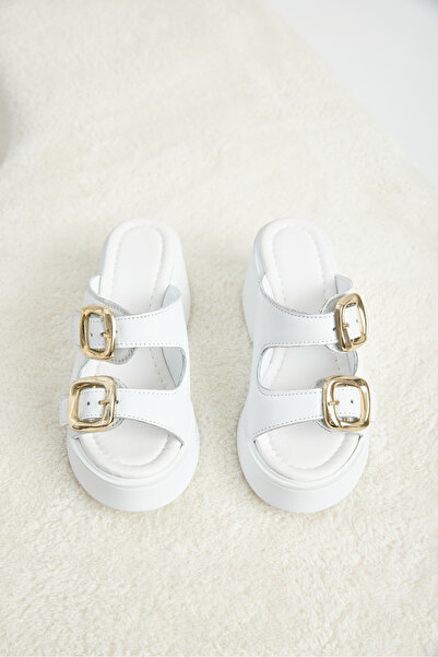 Tonny Black Women's White Comfortable Fit Double Buckle Thick Soled Slippers