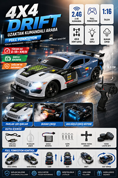 cayenna Uzaktan Kumandalı 2.4G Şarjlı 1:16 4x4 Drift Stunt Araba Işıklı Buhar...