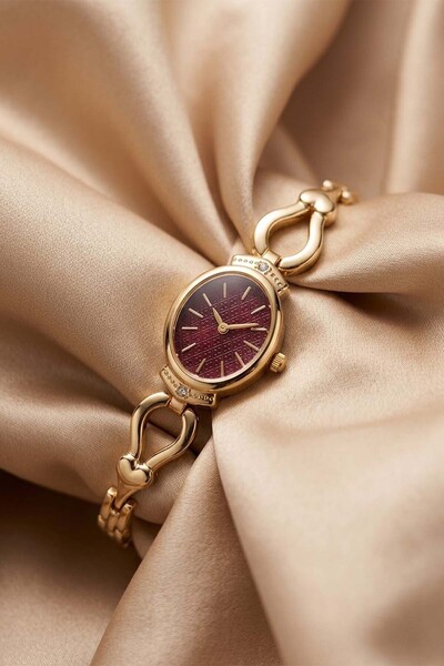 The Watch Sios Women's Gold Steel Handcuff Watch – Burgundy Dial with Stone D...