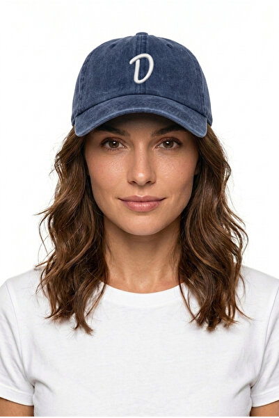 ŞapkaMania Letter D Navy Blue Embroidered Washable Vintage Unisex Hat