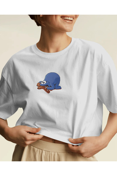 buzagi tasarım ürünleri Cookie Monster Unisex White Regular T-Shirt
