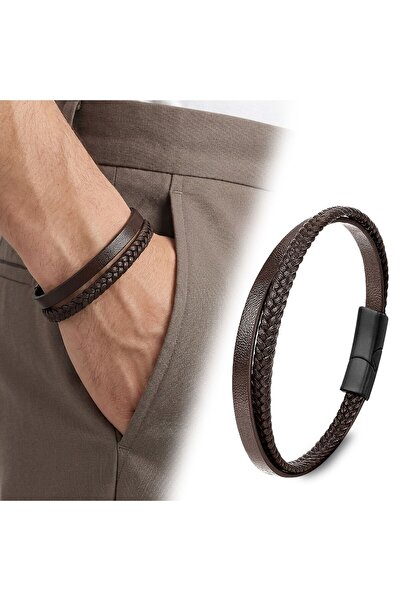 OGHAMAY Brown Leather and Hair Weave Double Multi Steel Bracelet 18393B12D2