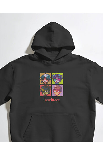 buzagi tasarım ürünleri سويت شيرت بقلنسوة أسود للجنسين من Gorillaz