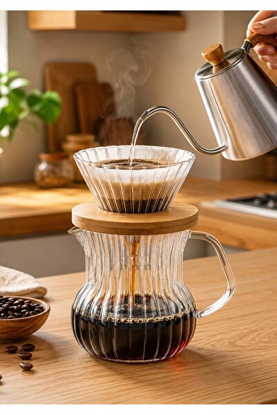 CEZVE HOME Borosilicate Glass V60 Dripper Set with Wooden Stand Filter Coffee...
