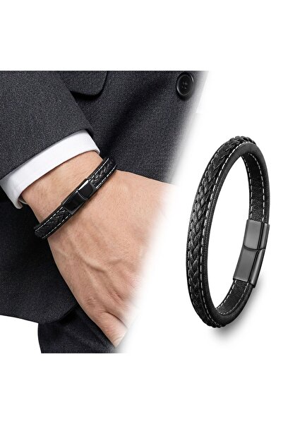 OGHAMAY Black & Black Braided Leather and Titanium Lock Steel Bracelet 18393B...