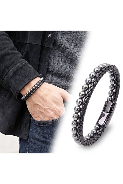 OGHAMAY Hematite Natural Stone Leather Men's Bracelet 18392B7D9