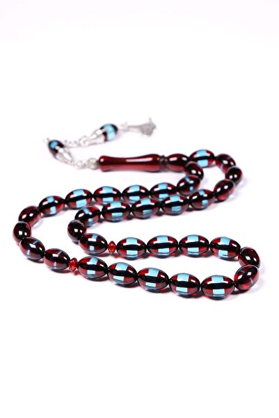 TESBİHKENTİ Burgundy Blue Vermilion Powder Amber Prayer Beads 12X8 mm
