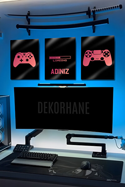 DekorHane Kişiye Özel İsimli Gaming Tablo Seti, Pembe Gamepad ve Loading Tasa...