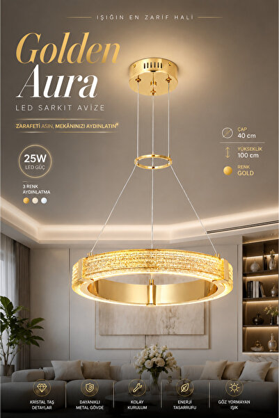Elvora Home Modern (PREMİUM) Gold Kristal LED Sarkıt Avize Salon Oturma Odası...
